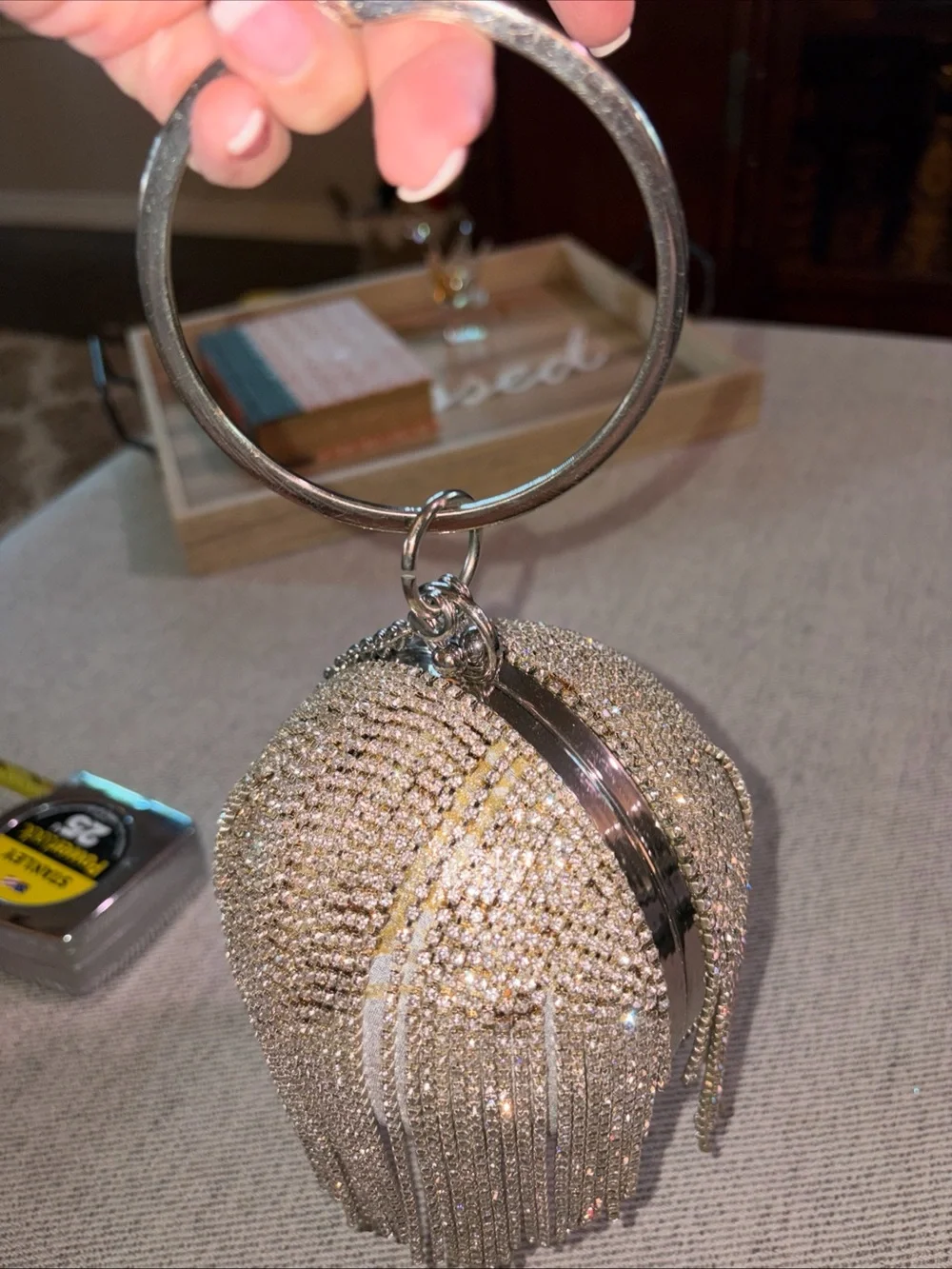 Silver Crystal Fringe Wristlet Clutch with Metal Bangle